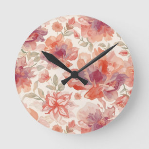 Horloge Ronde Aquarelle Pastel Fleurs clair Orange