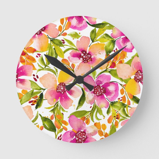 Horloge Ronde Aquarelle rose et jaune de Serena Floral (Recto)
