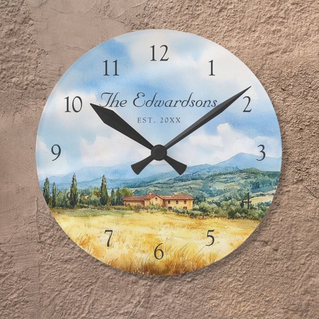 Horloge Ronde Aquarelle Toscan Méditerranée Nom de famille (Watercolor Tuscan Mediterranean Family Name Round Clock)