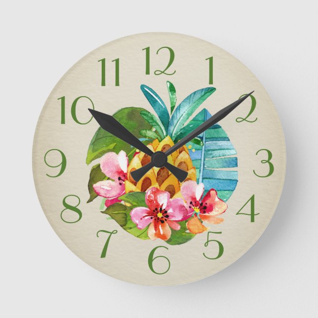 Horloge Ronde Aquarelle tropicale de Stilllife d'ananas (Recto)