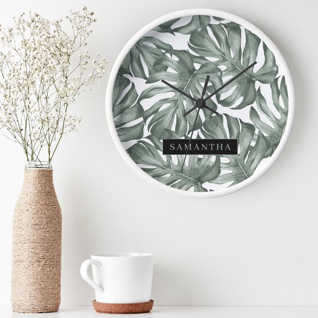 Horloge Ronde Aquarelle tropicale Oasis moderne Feuille Motif (Créateur téléchargé)