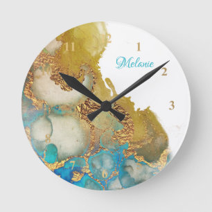Horloge Ronde Aquarelle Turquoise Abstraite Gold Agate