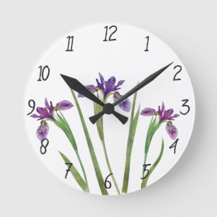 Horloge Ronde Aquarelle violette élégante Fleurs d'Iris Botani