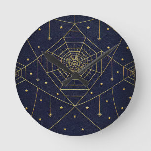 Horloge Ronde Araignée Spiderweb et étoiles noir et or