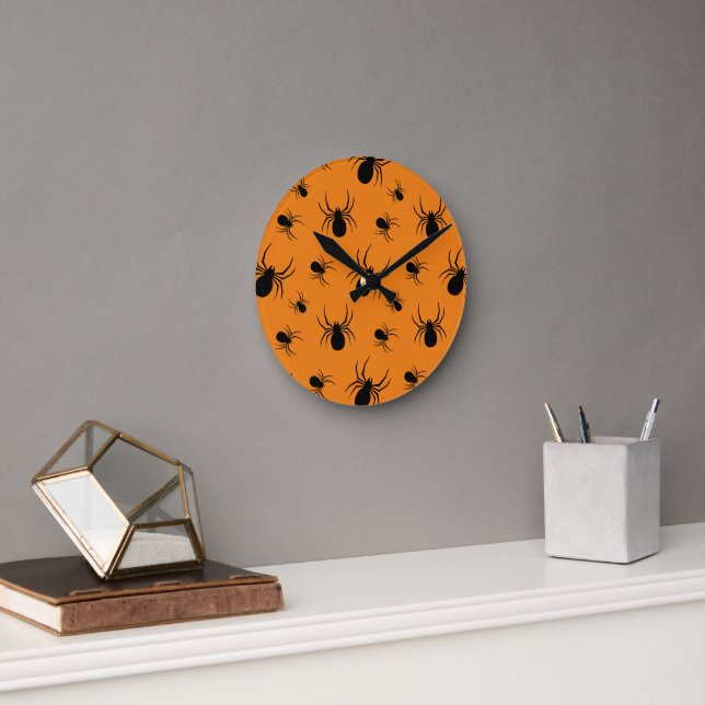 Horloge Ronde Araignées Halloween motif noir et orange (Bureau)