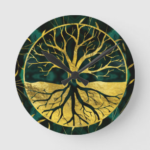 Horloge Ronde Arbre de la vie d'or Yggdrasil sur la malachite