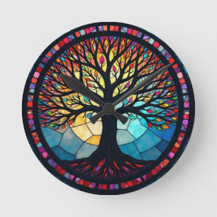 Horloge Ronde Arbre de Vie en Verre Coloré
