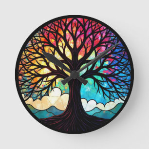 Horloge Ronde Arbre de Vie en Verre Coloré