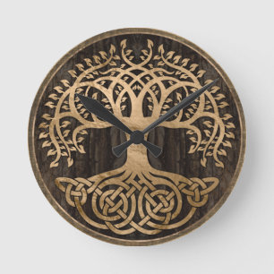 Horloge Ronde Arbre de vie - Yggdrasil - écorce en bois et or