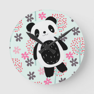 Horloge Ronde Arbres, fleurs et ours de panda