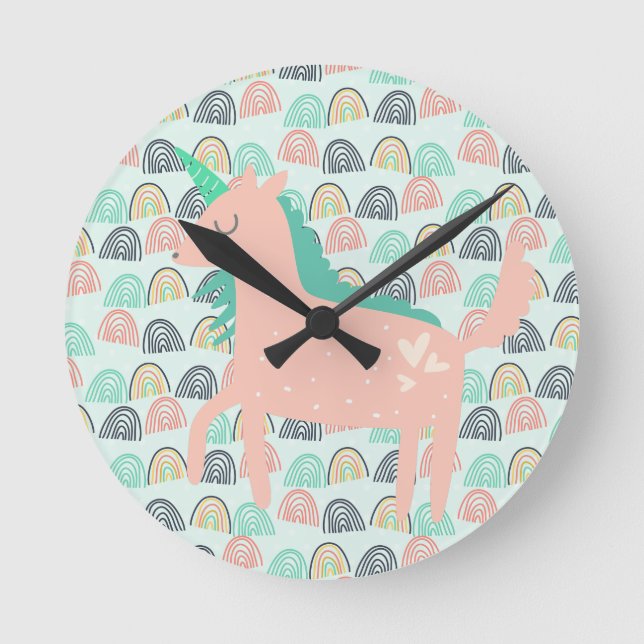 Horloge Ronde Arcs-en-ciel et licornes (Recto)