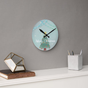 Horloge Ronde Arrière - plan bleu brillant avec sapin de Noël