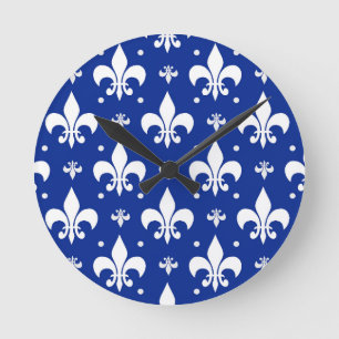 Horloge Ronde Arrière - plan bleu Fleur-de-lis Motif Design