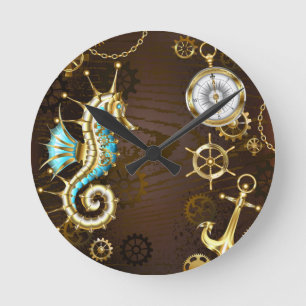 Horloge Ronde Arrière - plan en bois avec cheval de mer mécaniqu