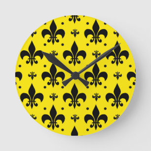 Horloge Ronde Arrière - plan Jaune Fleur-de-lis Motif Design