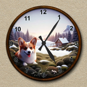Horloge Ronde Arrière - plan Pittoresque Cute Corgi personnalisa