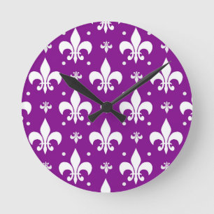 Horloge Ronde Arrière - plan violet Fleur-de-lis Design Motif