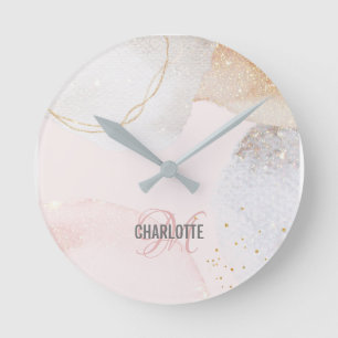Horloge Ronde Art abstrait moderne rose vif nom monogramme