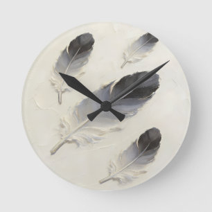 Horloge Ronde Art acrylique à plumes noires et grises 3D moderne