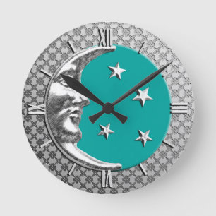 Horloge Ronde Art Déco Lune et Etoiles, Turquoise et Argent