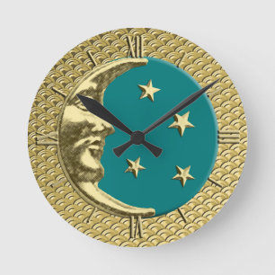 Horloge Ronde Art Deco Moon and Stars, Teal and Gold
