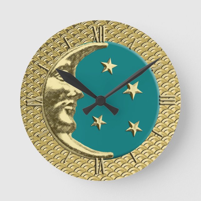 Horloge Ronde Art Deco Moon and Stars, Teal and Gold (Recto)