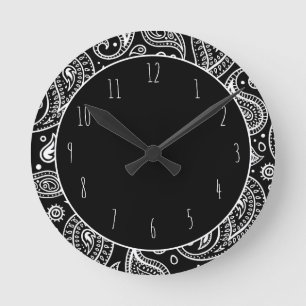 Horloge Ronde Art Déco Motif floral noir et blanc