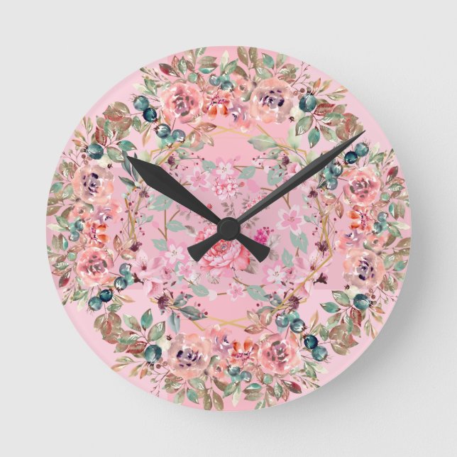 Horloge Ronde Art Floral Lumineux, Belle Couronne Florale Rose (Recto)