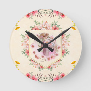 Horloge Ronde Art Floral Lumineux, Dame Rose Du Printemps