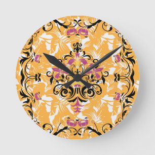 Horloge Ronde Art floral, Orange et Black Hollow Life