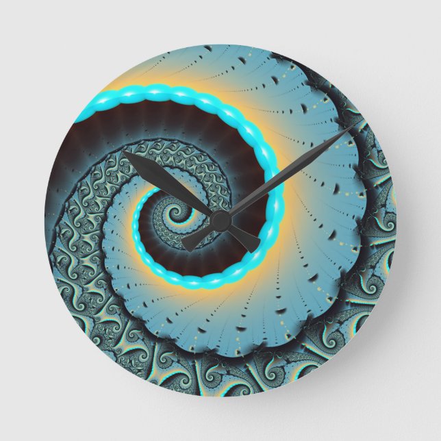 Horloge Ronde Art fractal abstrait bleu turquoise orange en spir (Recto)
