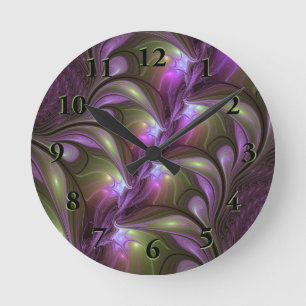 Horloge Ronde Art fractal abstrait violet pourpre kaki coloré