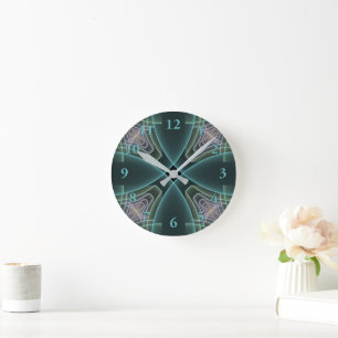 Horloge Ronde Art graphique géométrique fractal sarcelle moderne