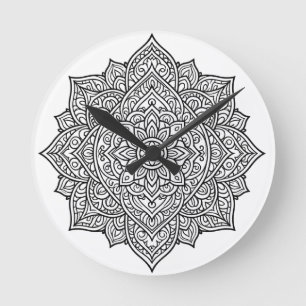 Horloge Ronde Art mandala aux lignes noires complexes