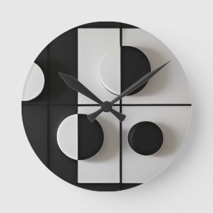 Horloge Ronde Art minimaliste géométrique noir et blanc Abstrait