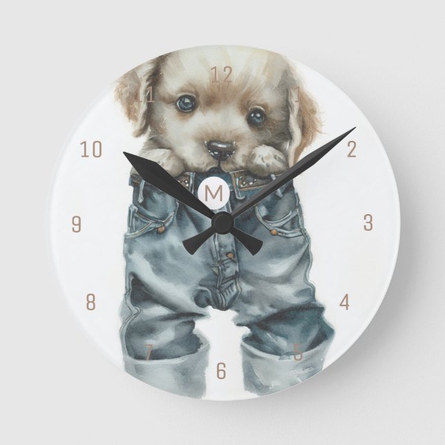 Horloge Ronde Art monogramme d'un chiot mignon en jeans (Recto)