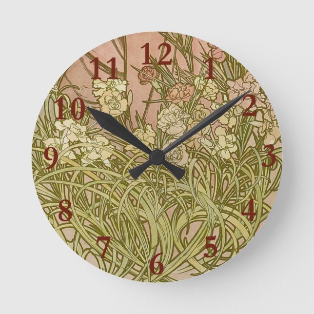 Horloge Ronde Art Nouveau Alfonse Mucha fleurs d'oeillets floral (Recto)