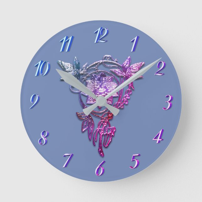 Horloge Ronde Art nouveau élégant fleurie bijou violet rose (Recto)