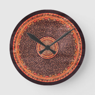 Horloge Ronde Art tibétain de mandala (noir, or, rouge, jaune)