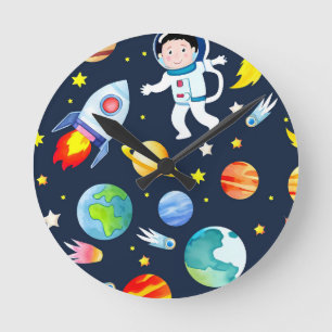 Horloge Ronde Astronaute dans l'espace Planètes et Fusées Motif