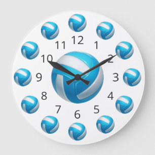 Horloge Ronde Atome de Volleyball Bleu avec des Chiffres Grande
