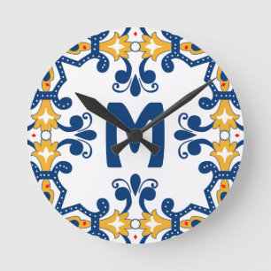Horloge Ronde Avec 💛 initial 💙 bleu et jaune Azulejos
