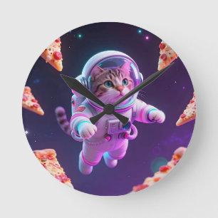Horloge Ronde Aventure spatiale de pizza avec un chat astronaute