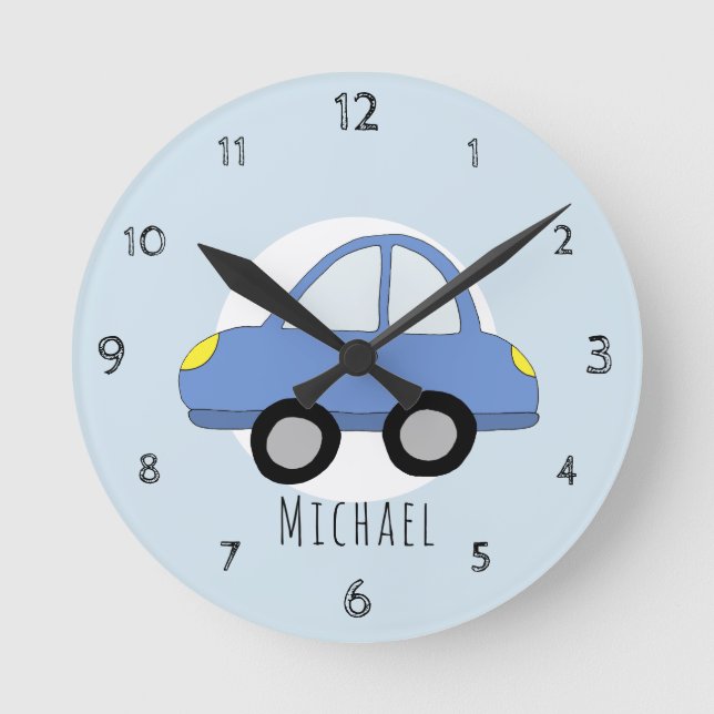 Horloge Ronde Baby Boys Doodle Blue Car Vehicle Nursery (Recto)