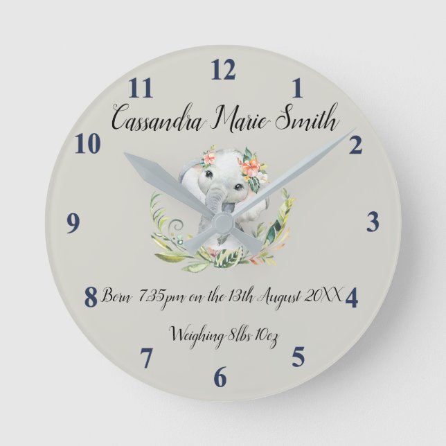 Horloge Ronde Baby's Birth Memento With Baby Elephant (Recto)