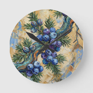 Horloge Ronde Baies de genévrier bleues Peinture à l'huile textu
