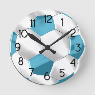 Horloge Ronde Balle de football bleu et blanc turquoise