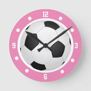 Horloge Ronde Balle de Football Rose Filles Noir et Blanc