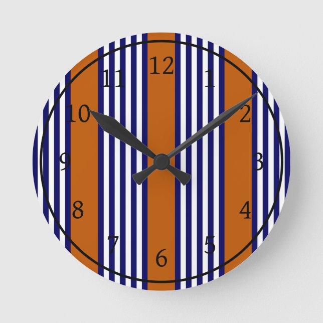 Horloge Ronde Bandes bleu marine et blanc avec orange brûlé (Recto)