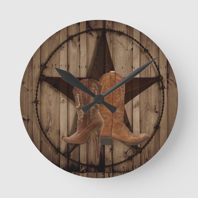 Horloge Ronde Barn Wood Texas Star western country cowboy bottes (Recto)